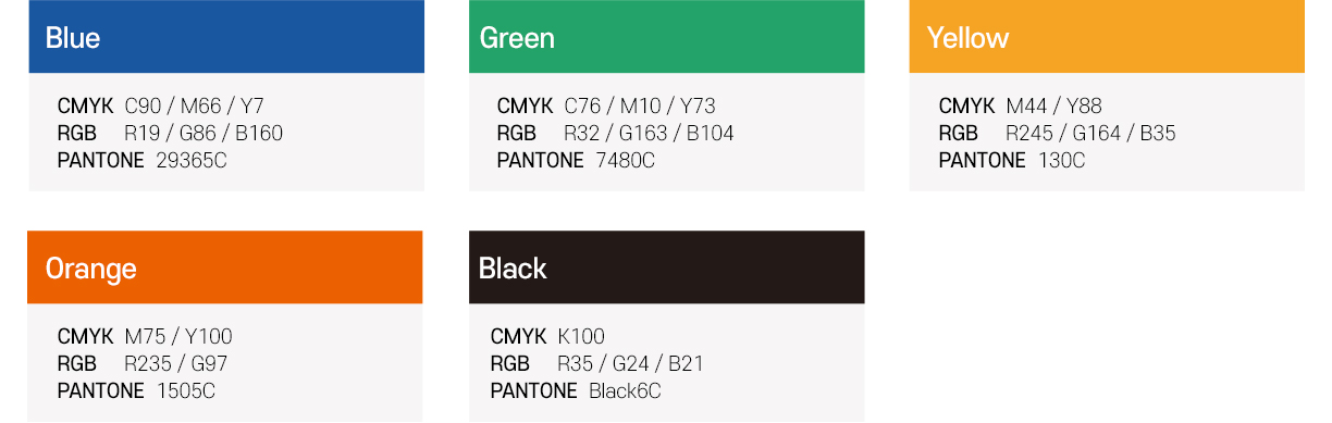 경상남도기록원 지정색상
  1)blue
  -CMYK  C90 / M66 / Y7
  -RGB     R19 / G86 / B160
  -PANTONE  29365C
  2)green
  -CMYK  C76 / M10 / Y73
  -RGB     R32 / G163 / B104
  -PANTONE  7480C
  3)yellow
  -CMYK  M44 / Y88
  -RGB     R245 / G164 / B35
  -PANTONE  130C
  4)orange
  -CMYK  M75 / Y100
  -RGB     R235 / G97
  -PANTONE  1505C
  5)black
  -CMYK  K100
  -RGB     R35 / G24 / B21
  -PANTONE  Black6C
  